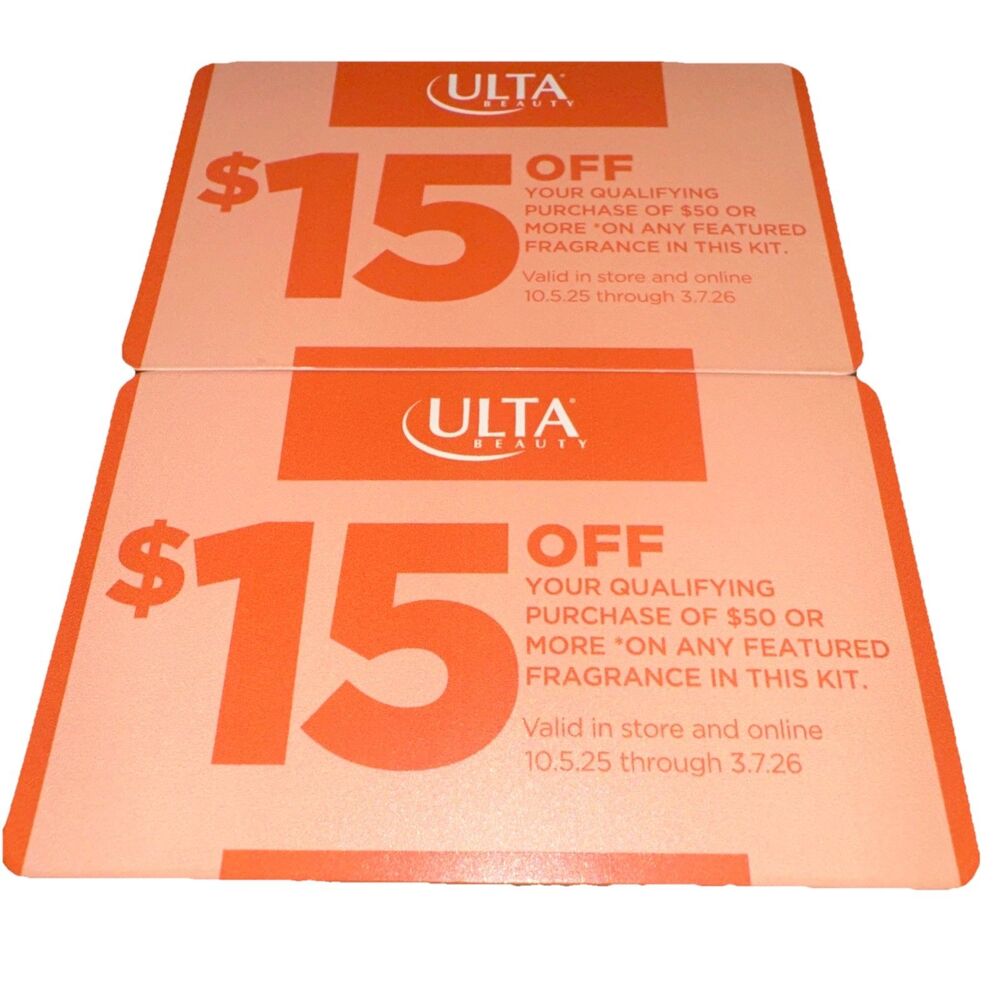Set of 2 Ulta Beauty $15 Off Qualifying $50+ Purchase Featured Fragrance Coupons
